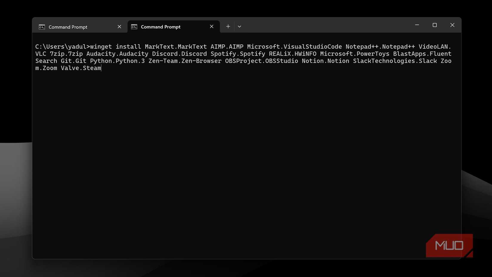 Winget command for installing 20 apps. 