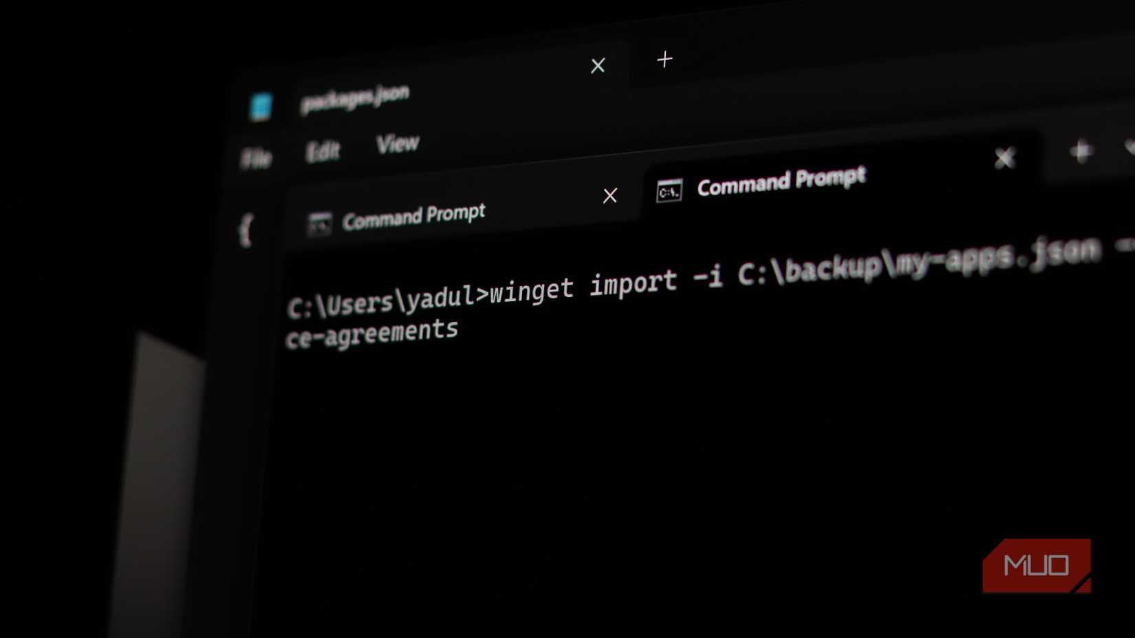 Winget import command written on Command Prompt. 