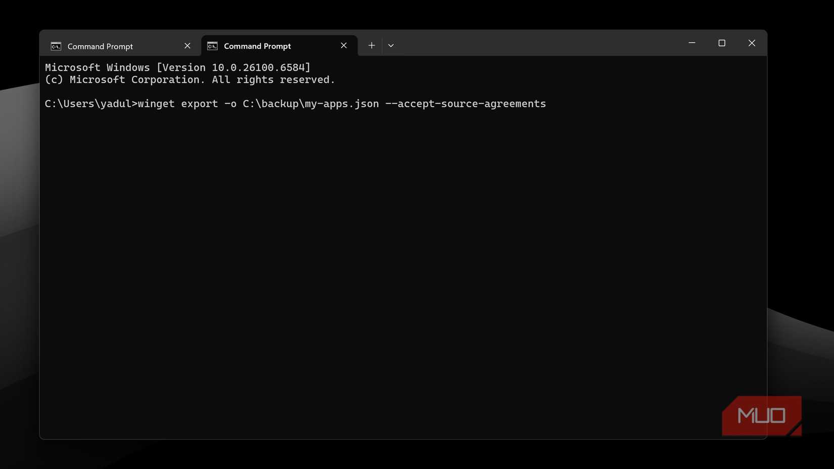 Winget export command on Command Prompt. 