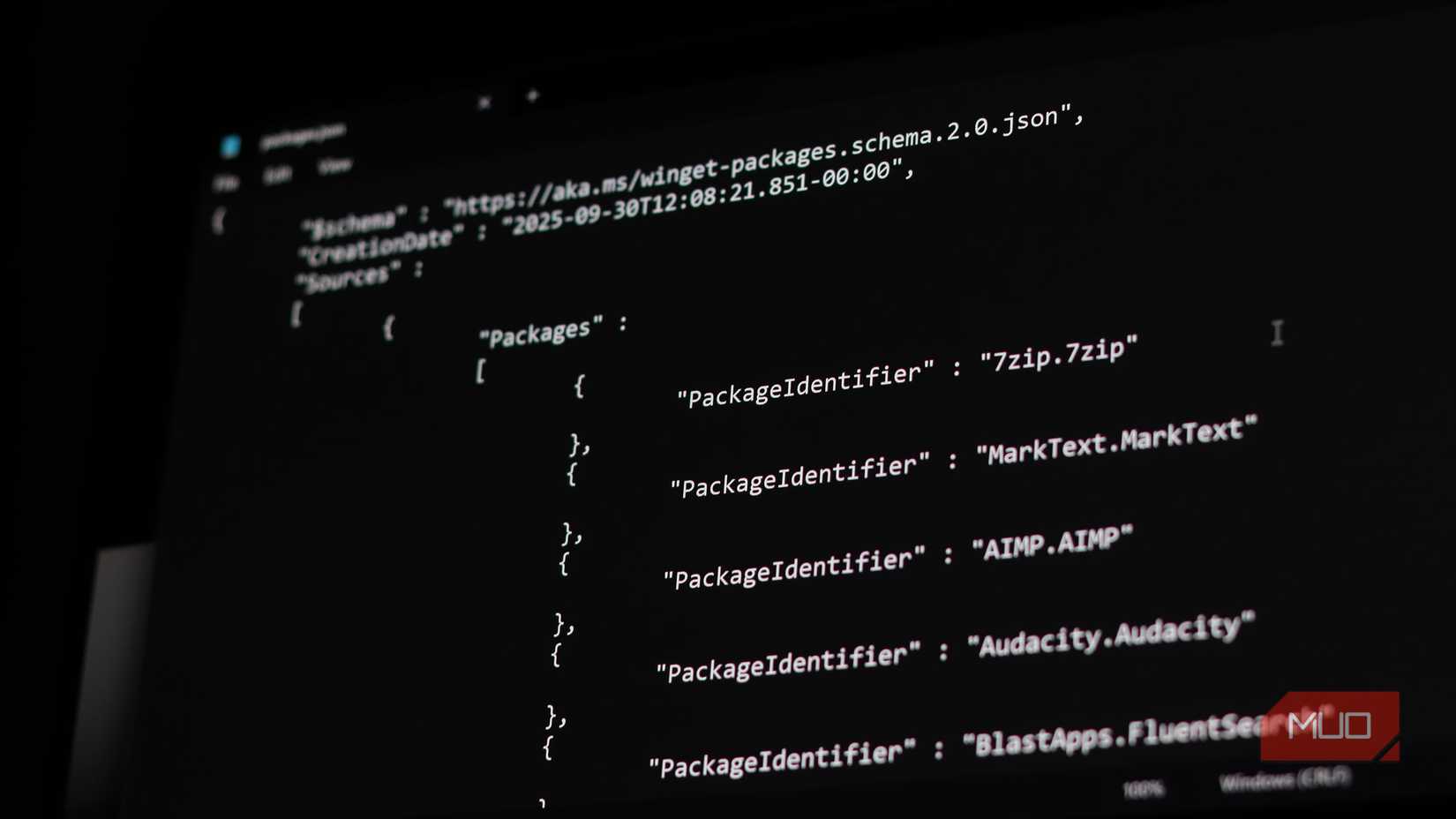 Winget JSON file open in Notepad.