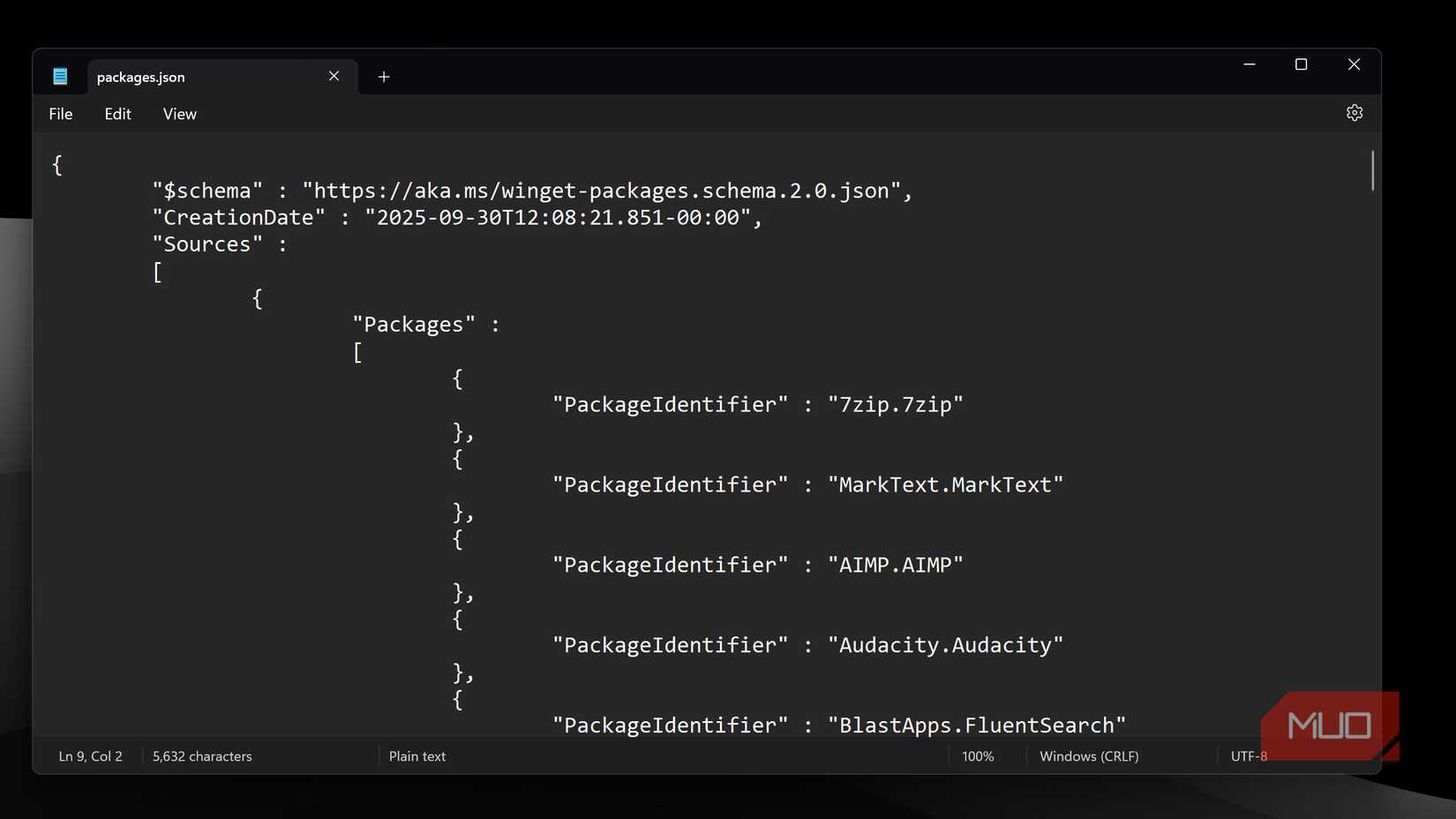 Winget JSON file open in Notepad. 