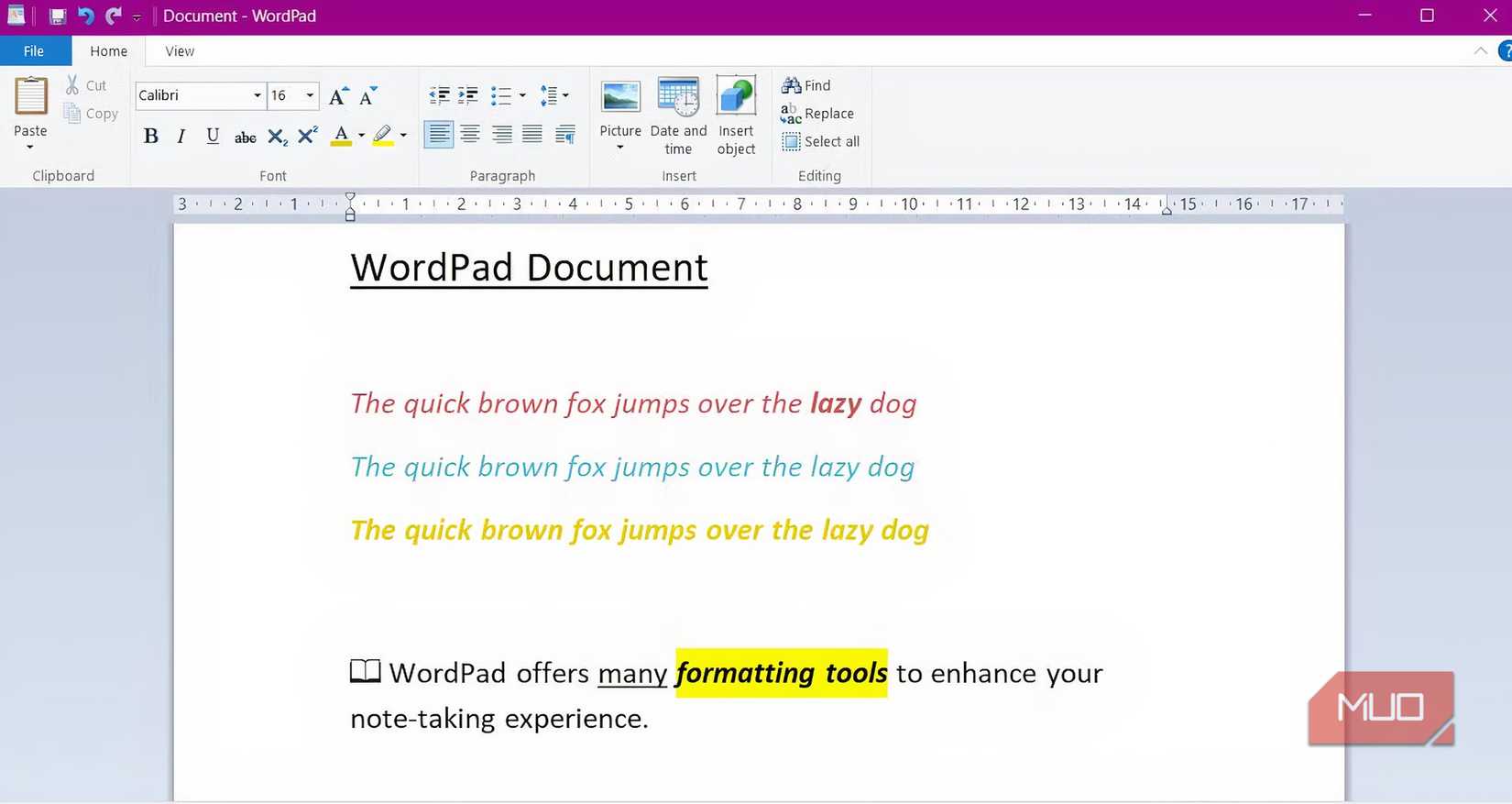 Writing and formatting text in wordpad.