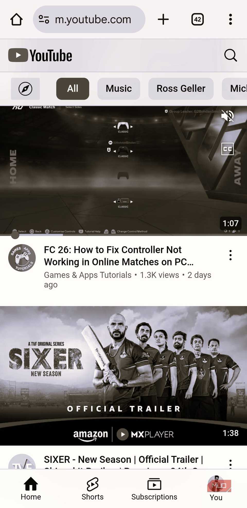 YouTube in Chrome for Android in black and white