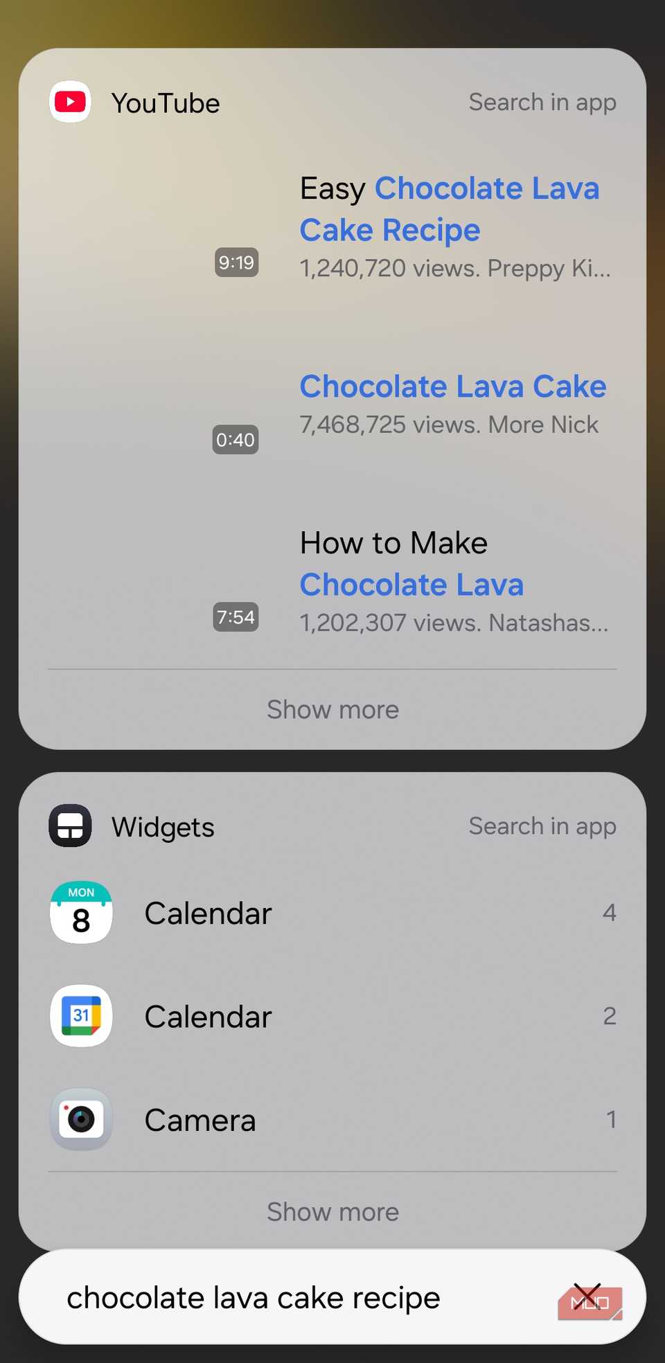YouTube videos in Samsung phone search