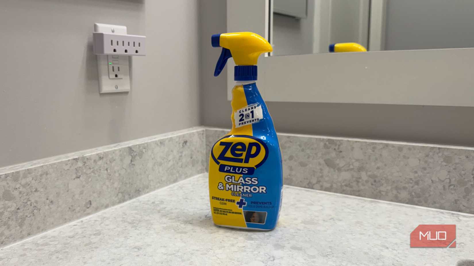 Zep anti-fog cleaner on granite vanity countertop
