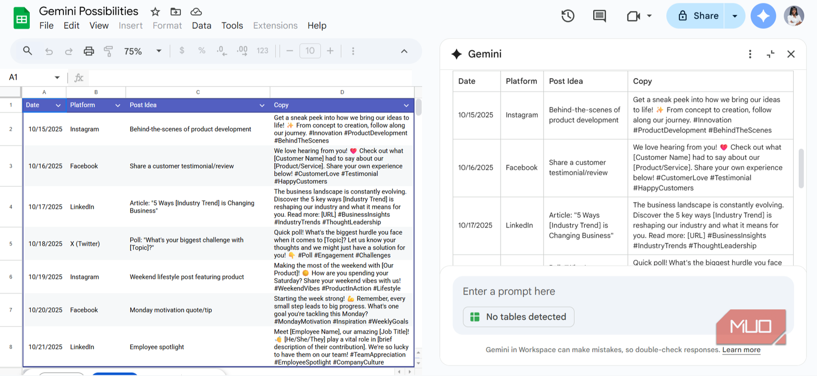 A 4-week social calendar with only four columns created in Google Sheets by Gemini