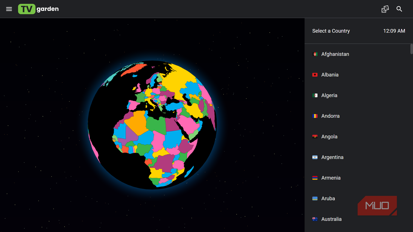 A colorful globe map with country selection menu in TV Garden.