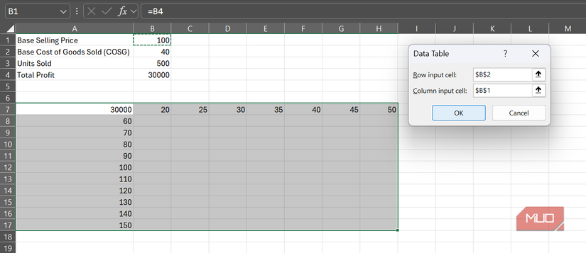 A Data Table dialog beside the highlighted range A7-H17 in Excel.