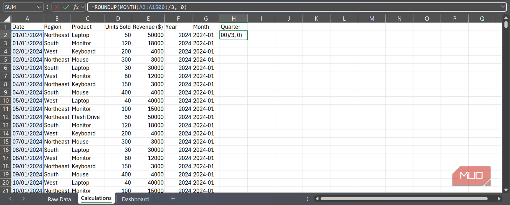 A dataset with a ROUNDUP formula in the formula bar in Excel.