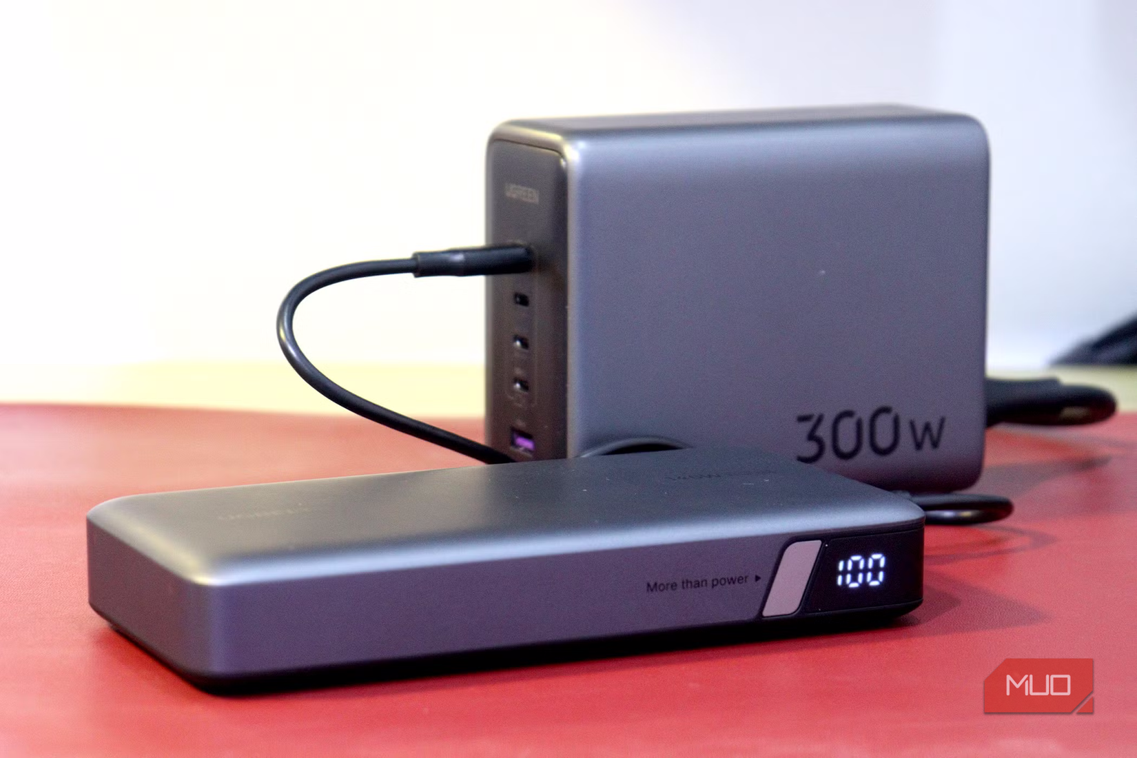 A fully charged power bank still plugged in.