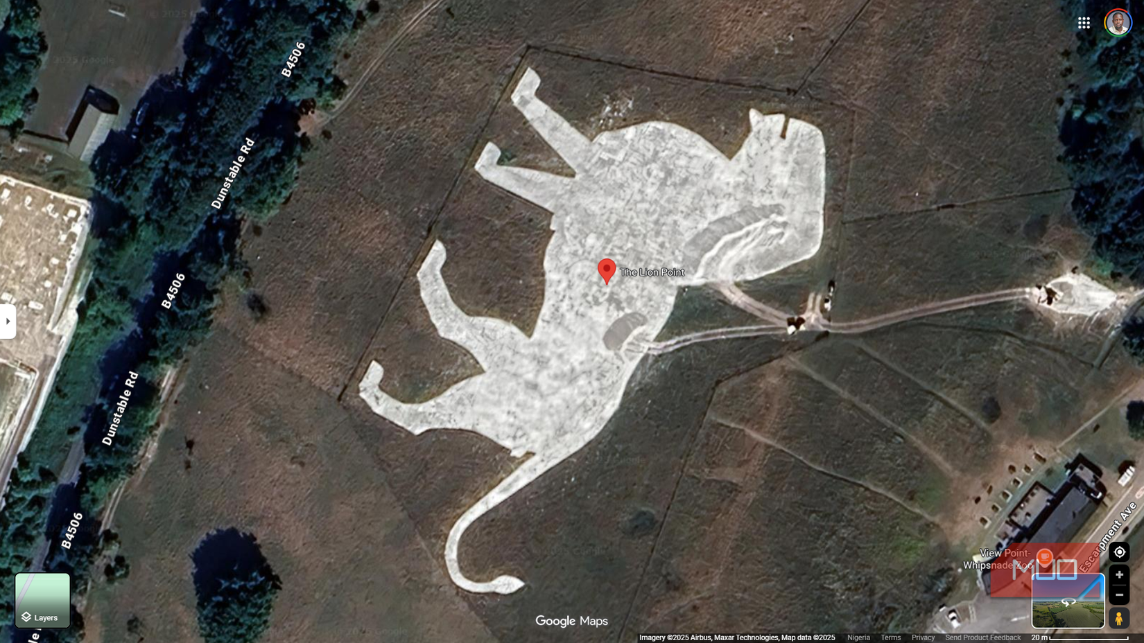A huge chalky white lion figure seen on Google Maps.