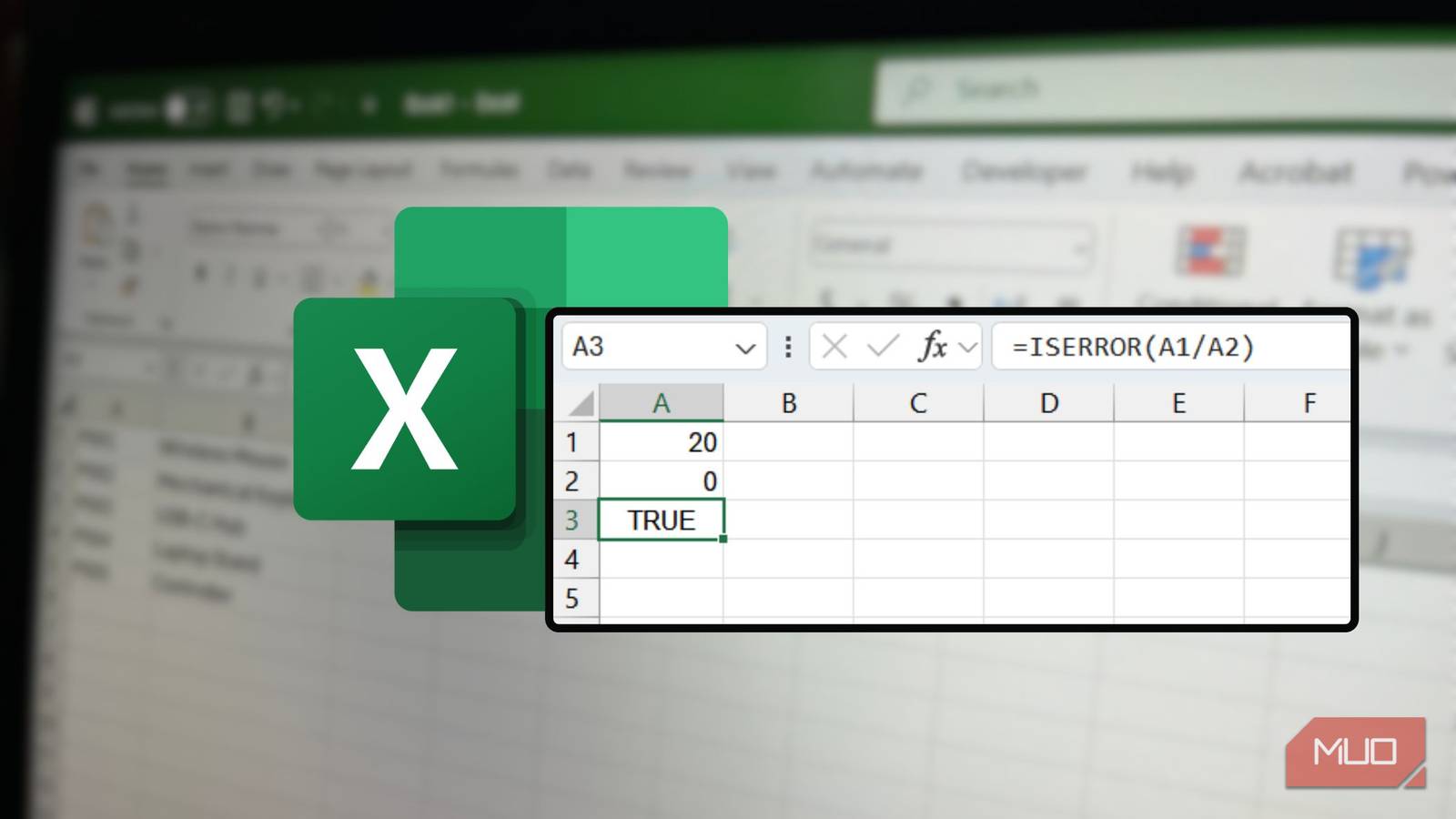 A picture of an Excel with the Excel logo and screenshot of an formula in the middle
