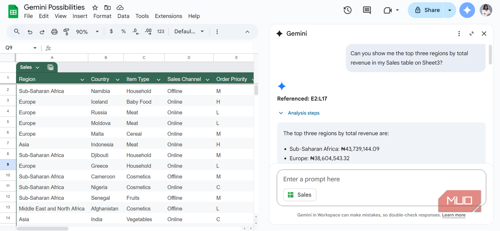 A prompt in Gemini to display the top three regions by total revenue in the Sales table in Sheet3