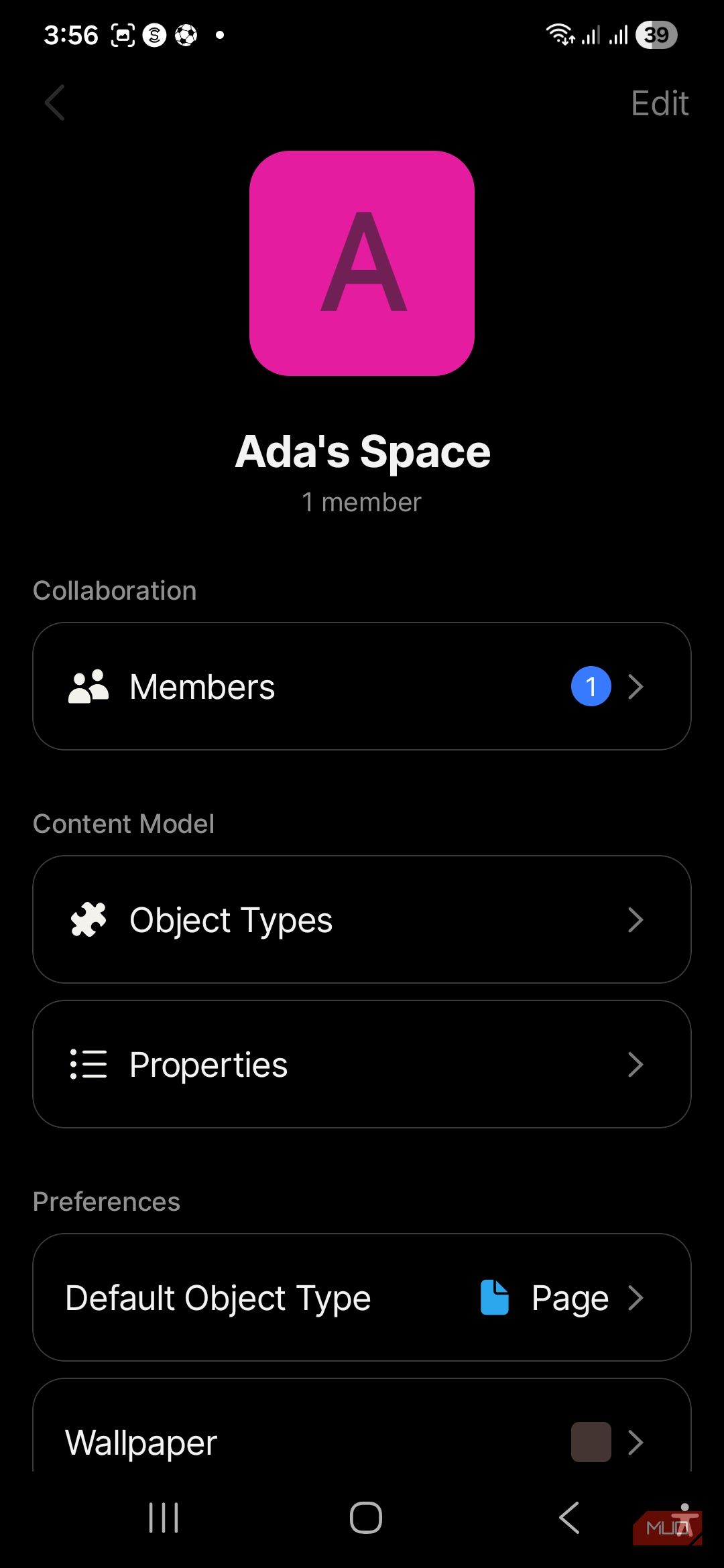 Ada's Space menu with edit options.