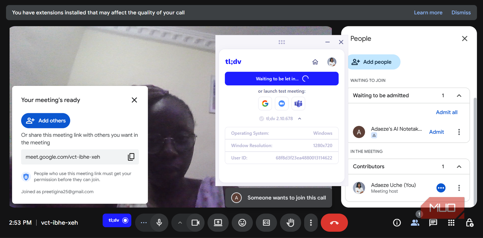 Adaeze's AI Notetaker asking to be let into a Google Meet call.