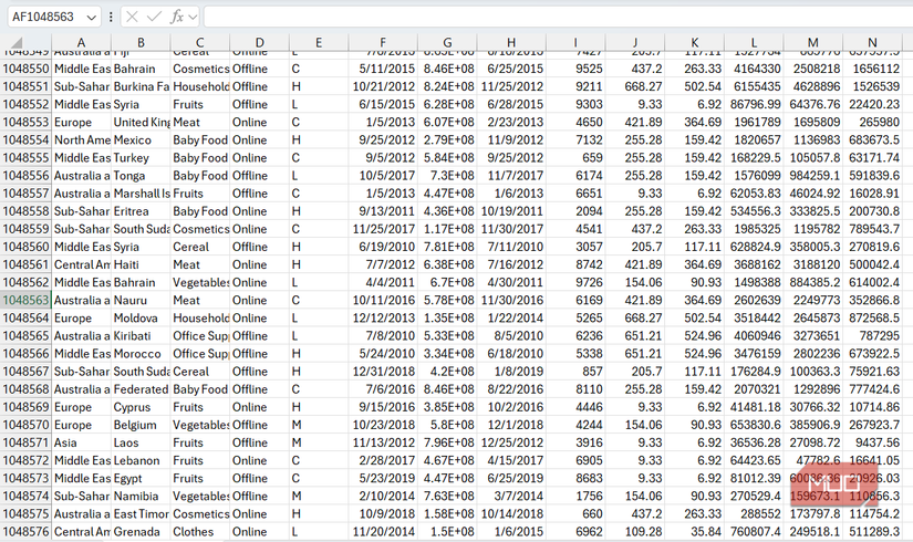 An Excel sheet with 1,048,576 rows