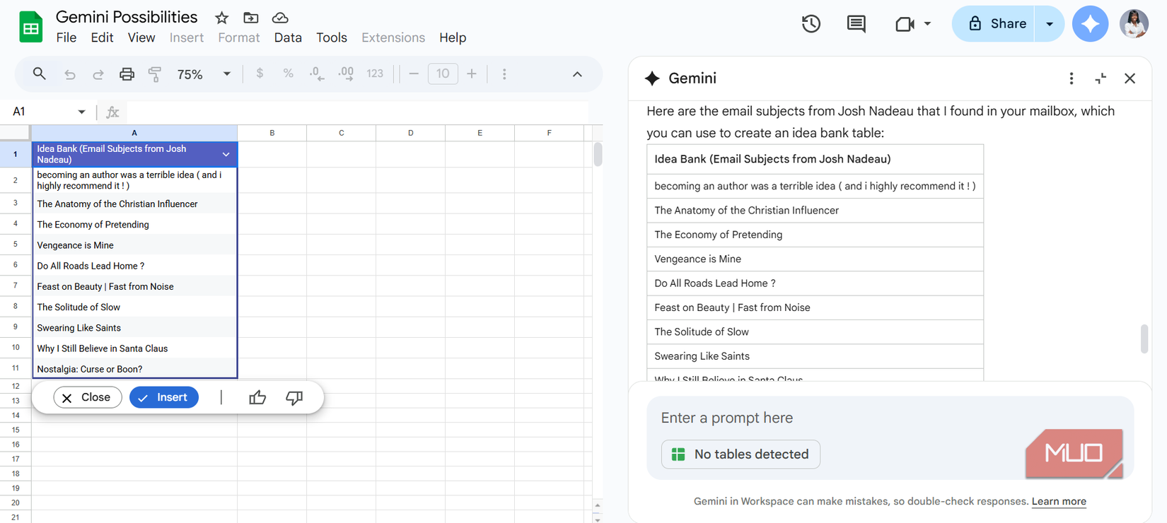 An idea bank with email subjects from Josh Nadeau's newsletter created by Gemini in Sheets