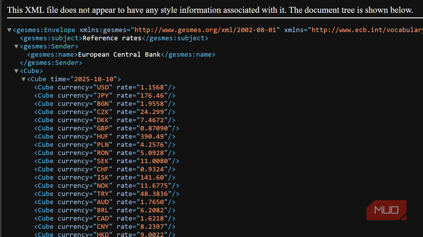 An XML file showing EUR exchange rates in major currencies.