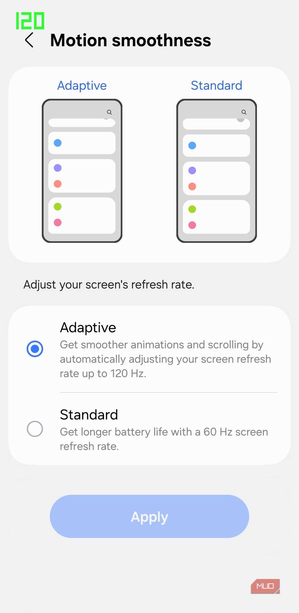 Android phone showing display refresh rate