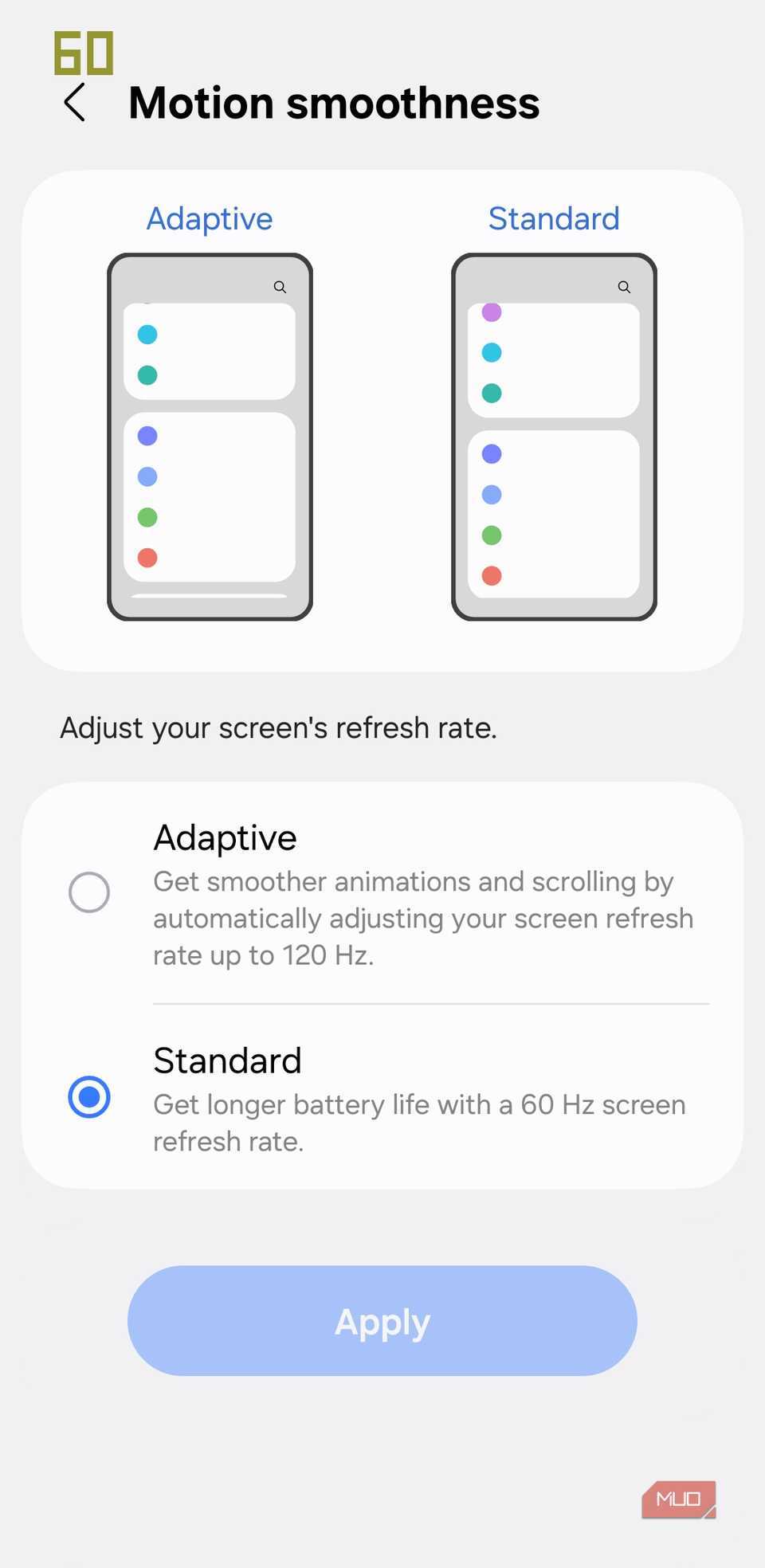 Android phone showing refresh rate