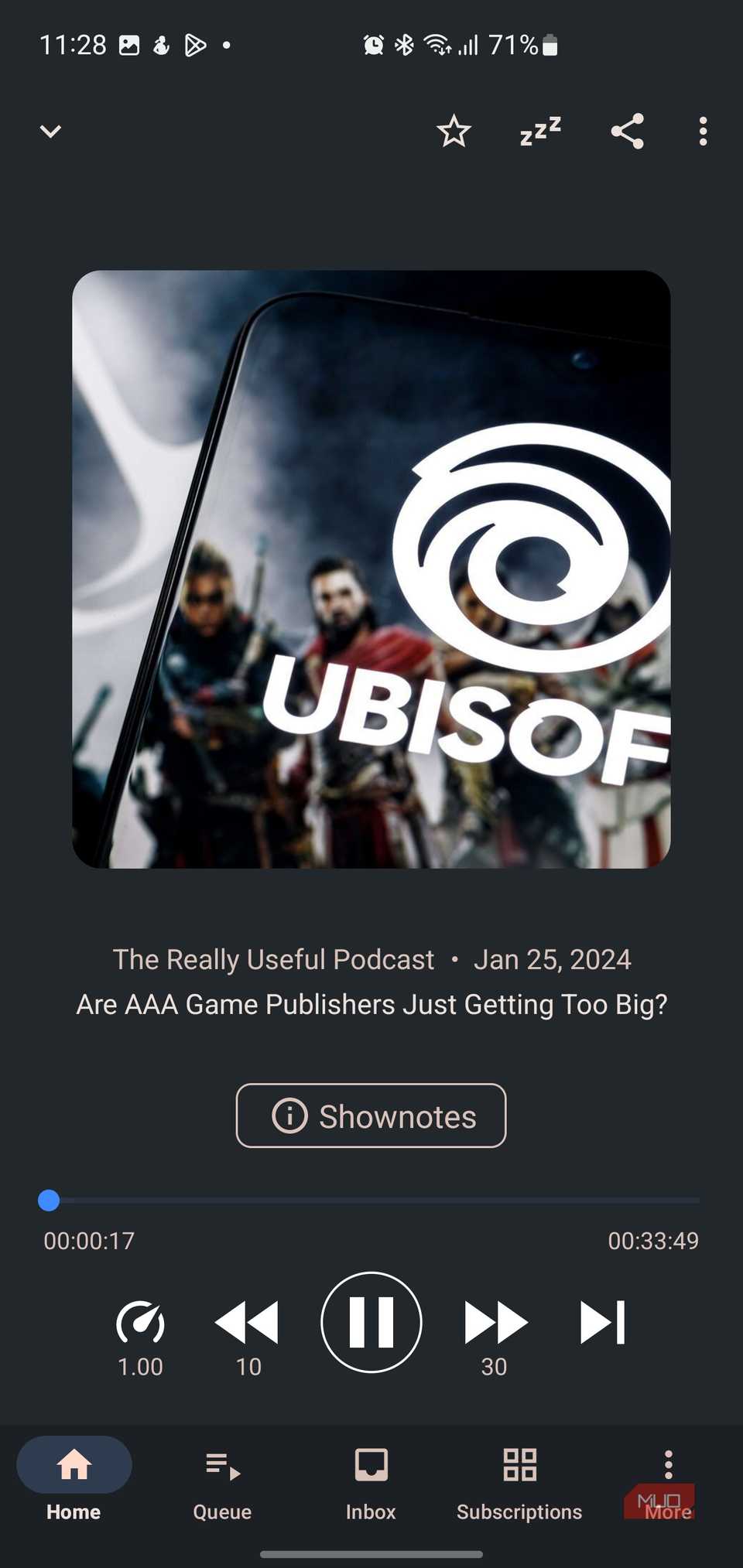 AntennaPod podcast player showing playback options.