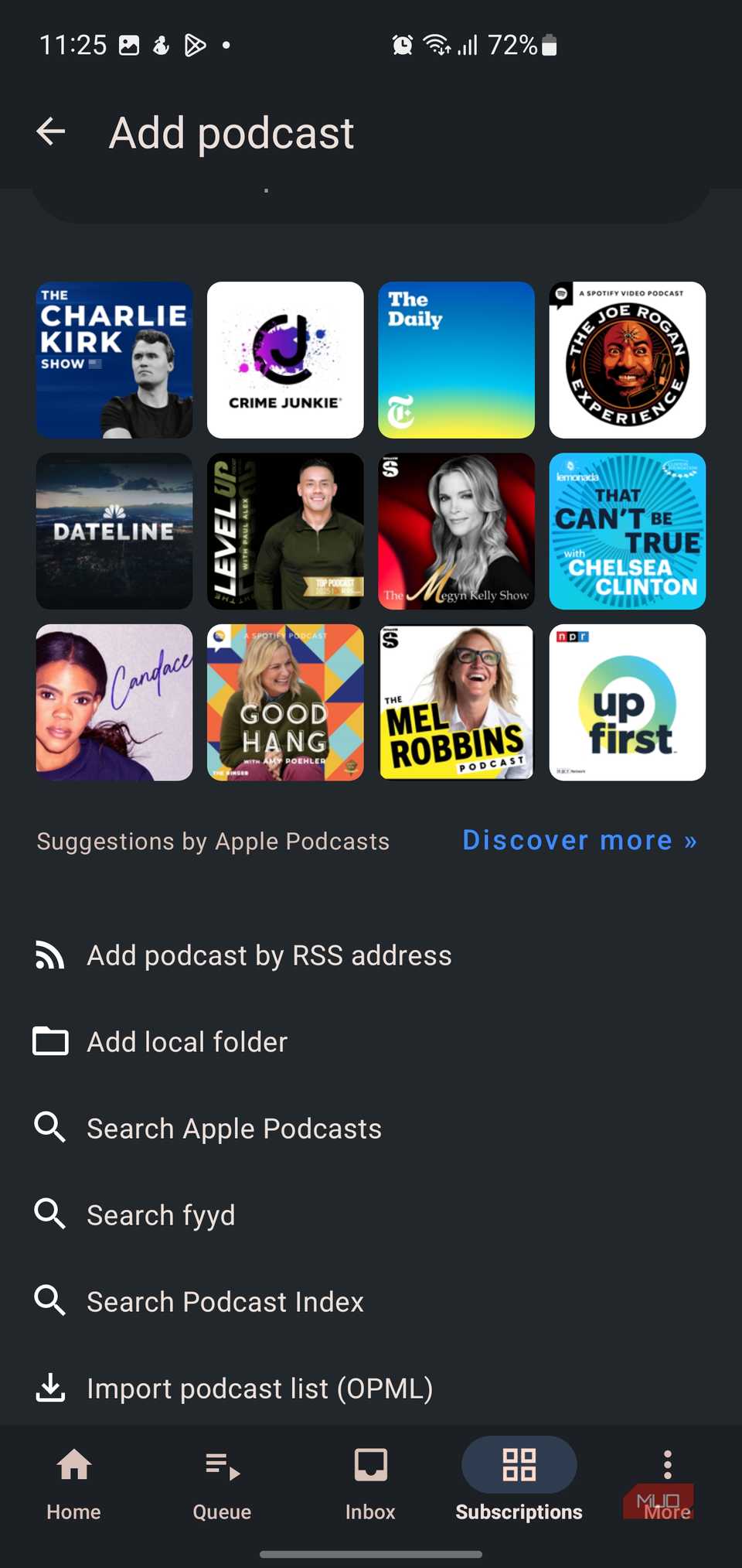 AntennaPod showing suggested podcasts and options to add by RSS, search, or import.