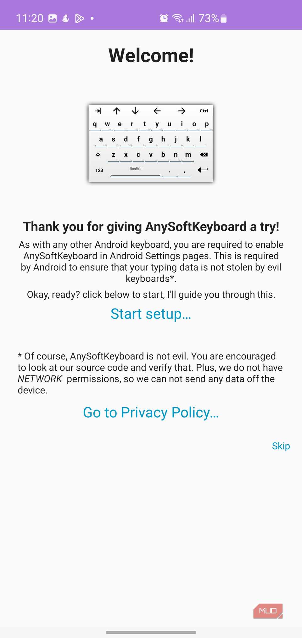 AnySoftKeyboard setup screen on Android.