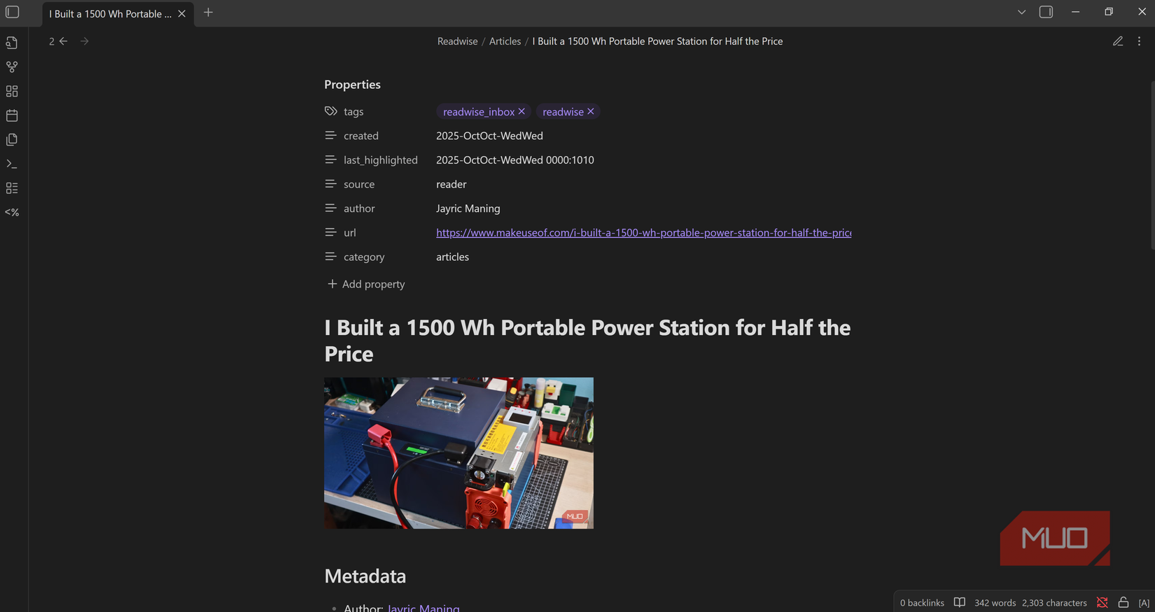 Readwise automatically adds front matter to saved highlight