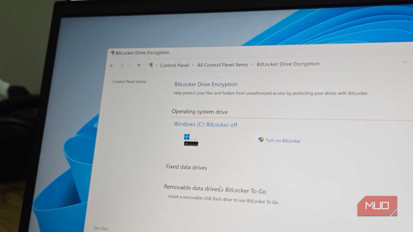 Bitlocker encryption option open in Control Panel on Windows 11