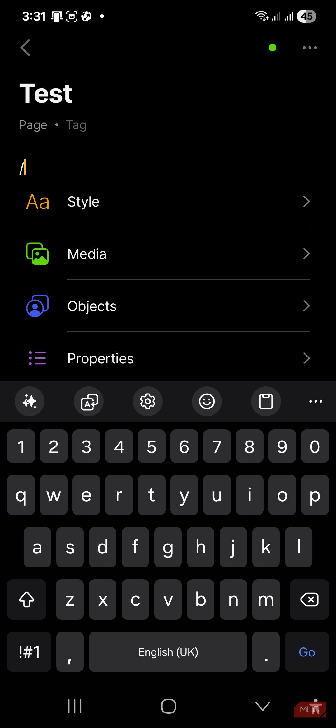 Параметры блоков по косой черте в Anytype