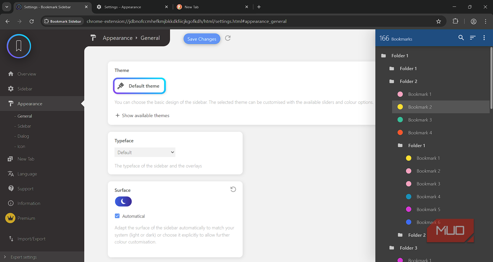 Bookmarks sidebar extension with customization menu.