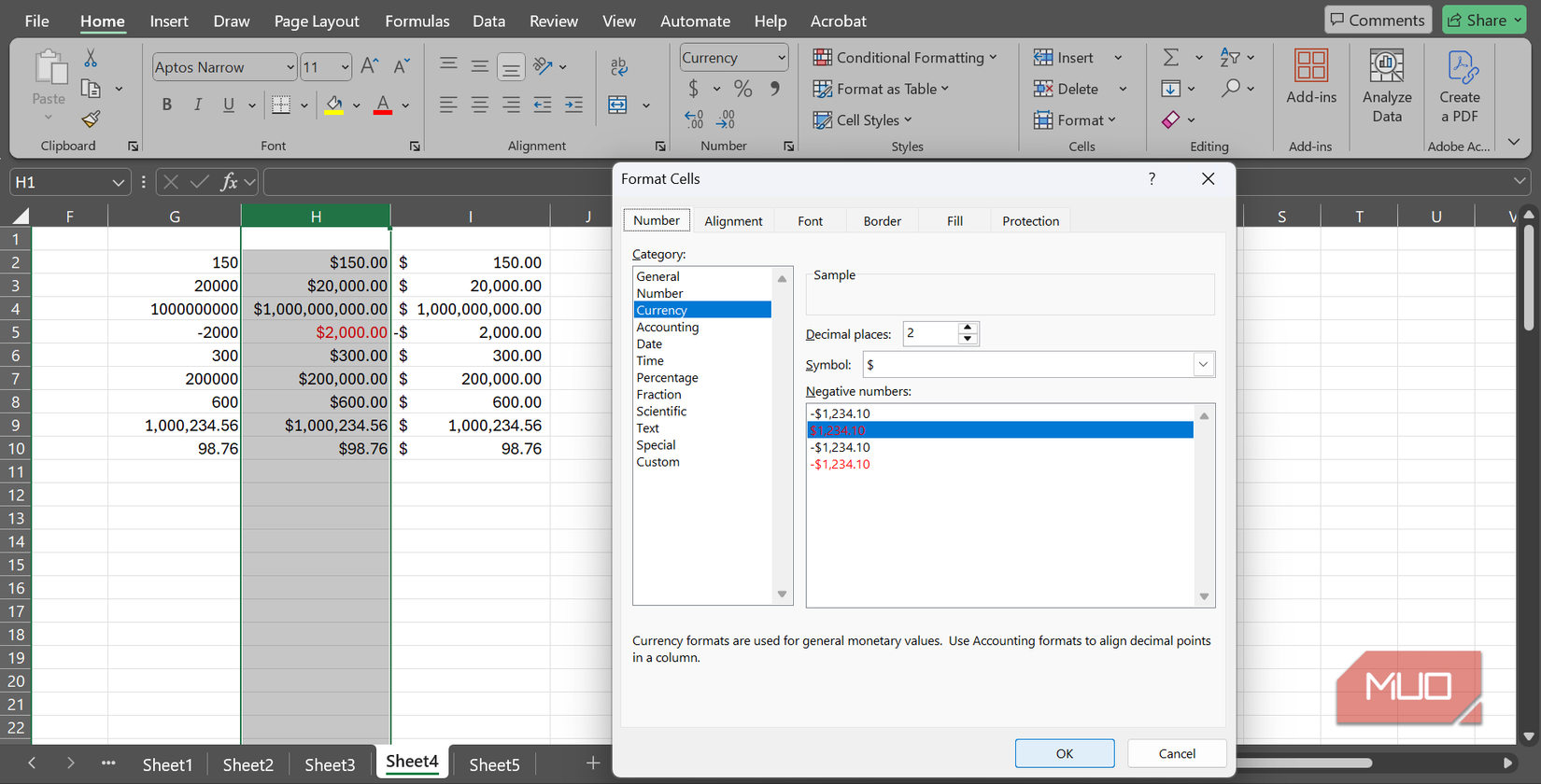 Tanto el formato de moneda como el de número de contabilidad en Formato de celdas se aplicaron a las columnas en Excel.