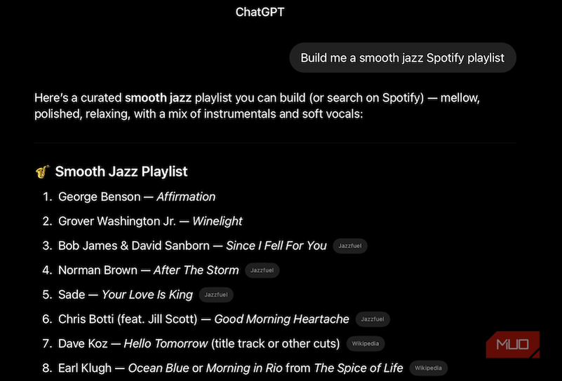 Building a Spotify playlist in ChatGPT.