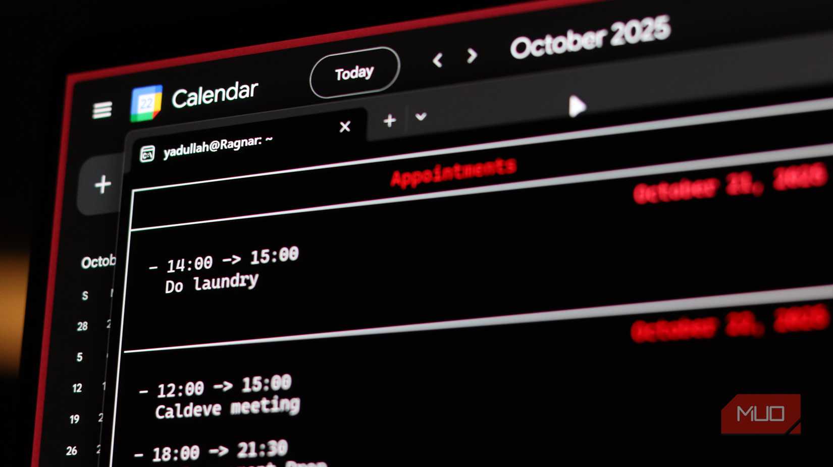Calcurse and Google Calendar open side by side.