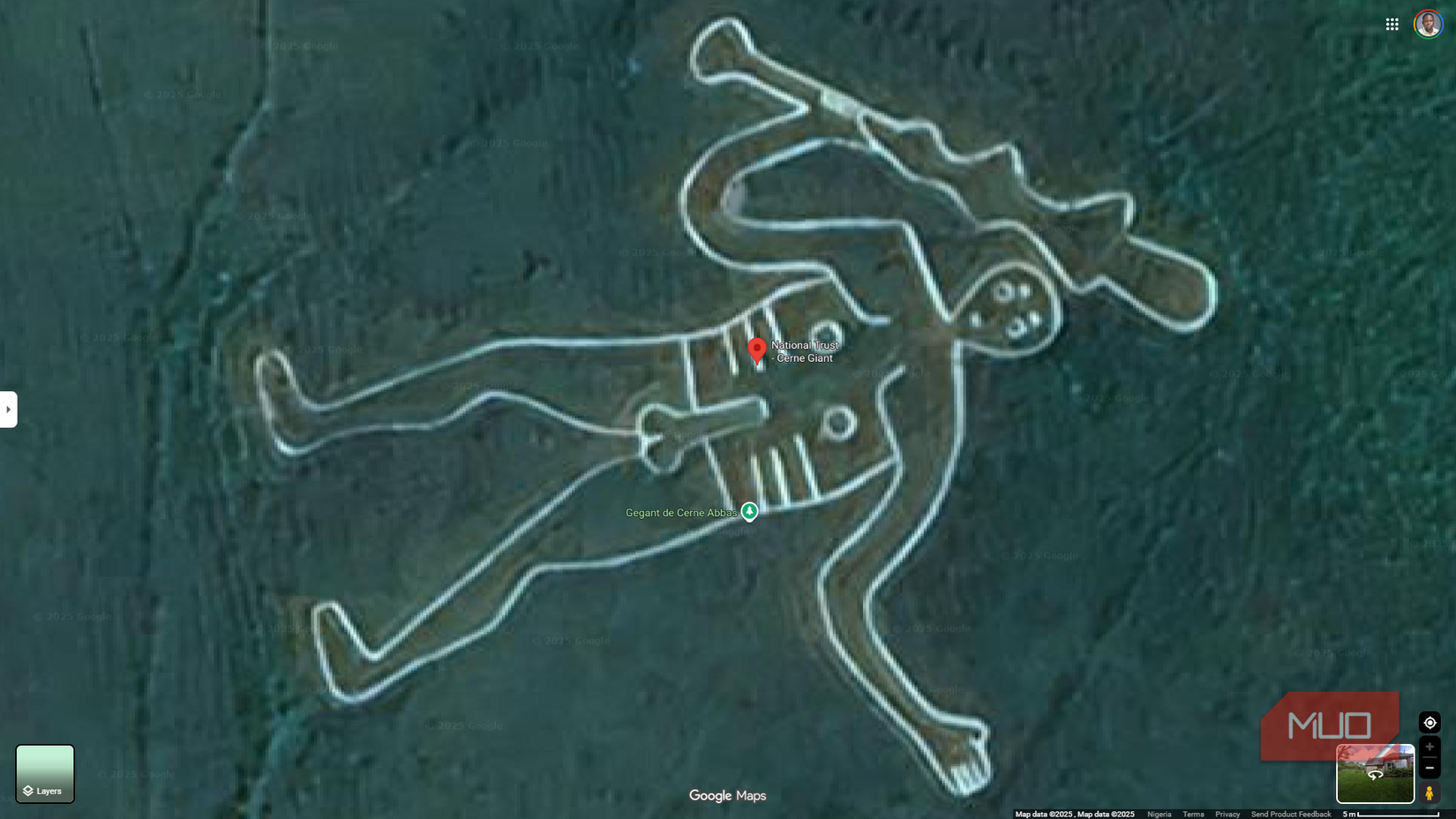 Cerne Abbas Giant chalk figure as seen on Google Maps.