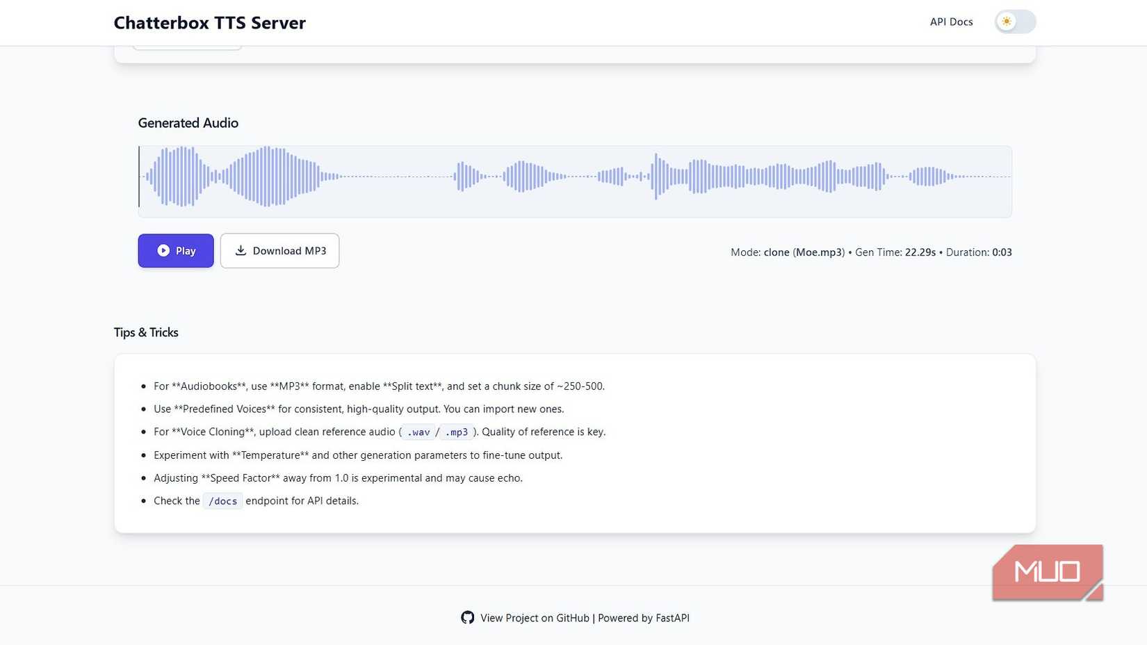Chatterbox TTS showing the generated audio