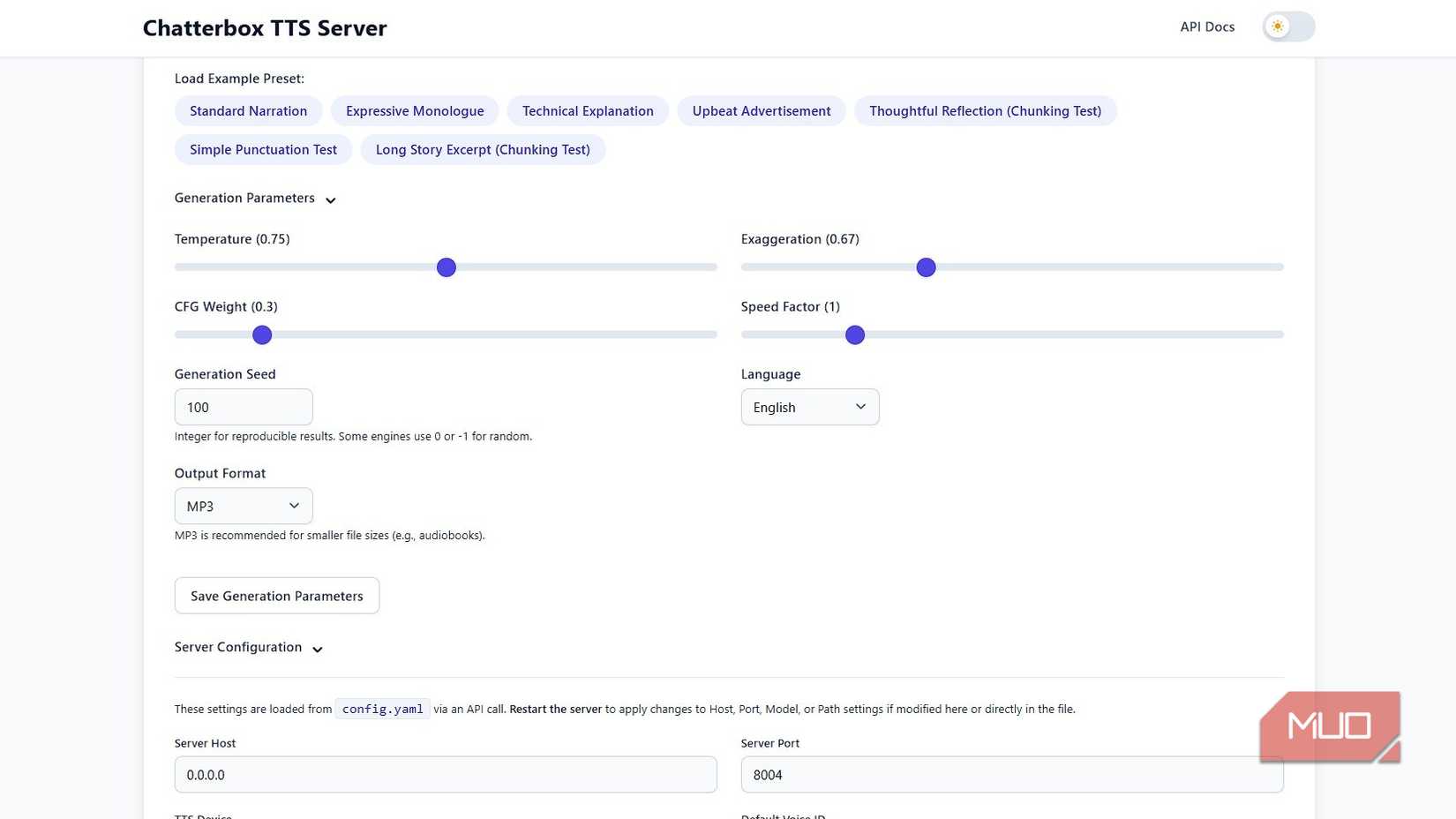 Chatterbox TTS showing the generation parameters 