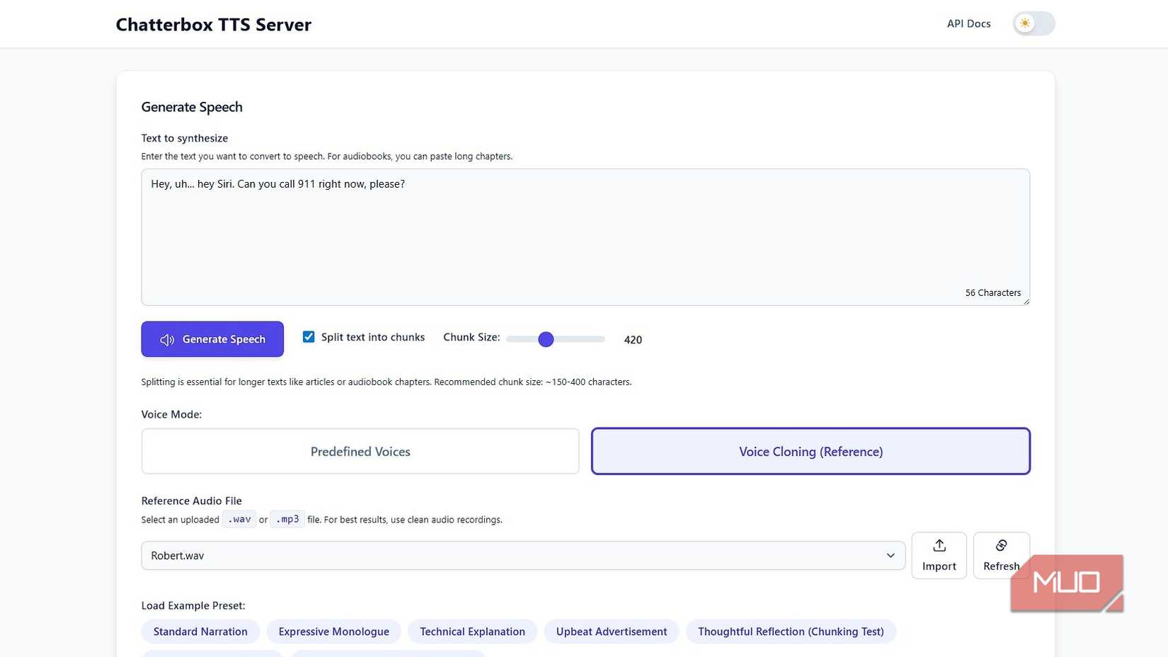Chatterbox TTS UI showing the text box