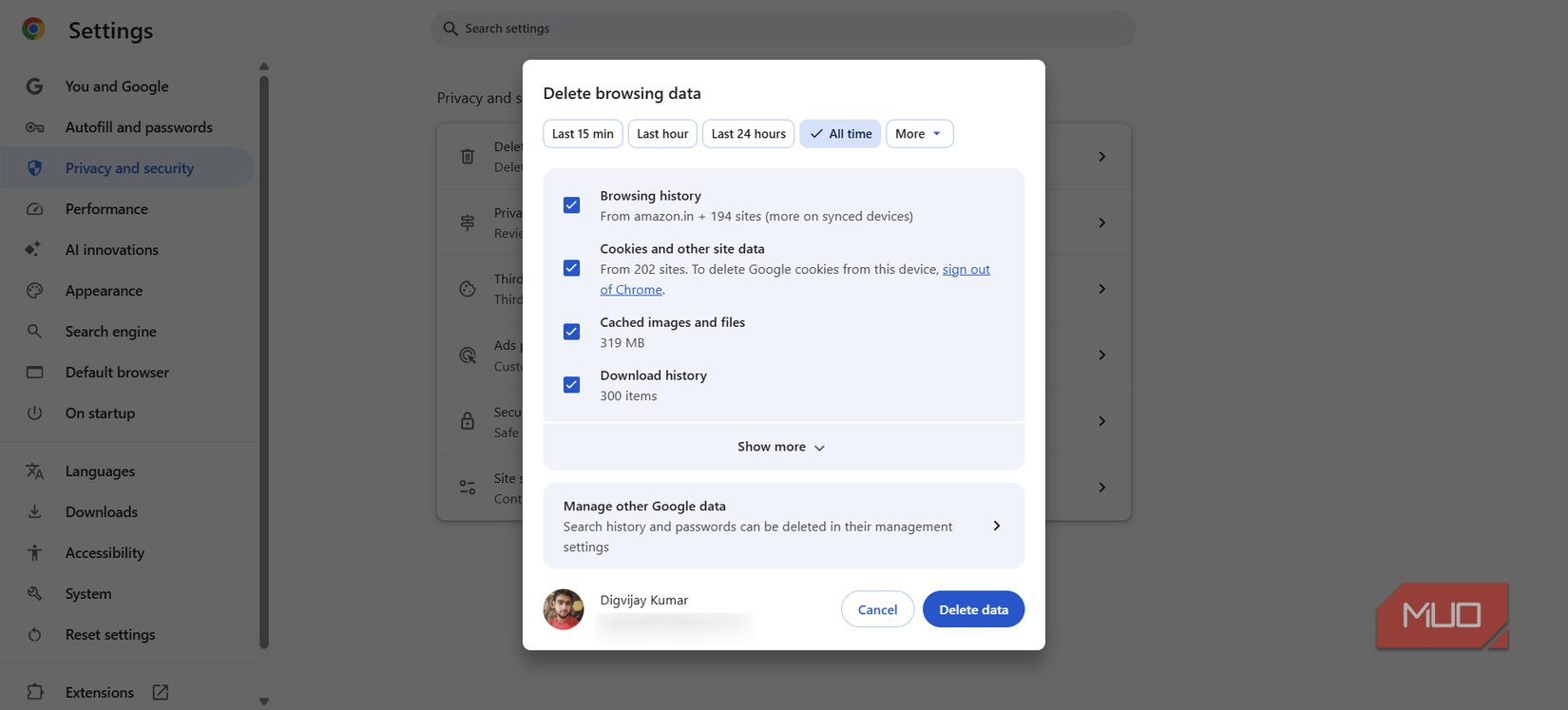 Clear browsing data dialog in Chrome privacy settings