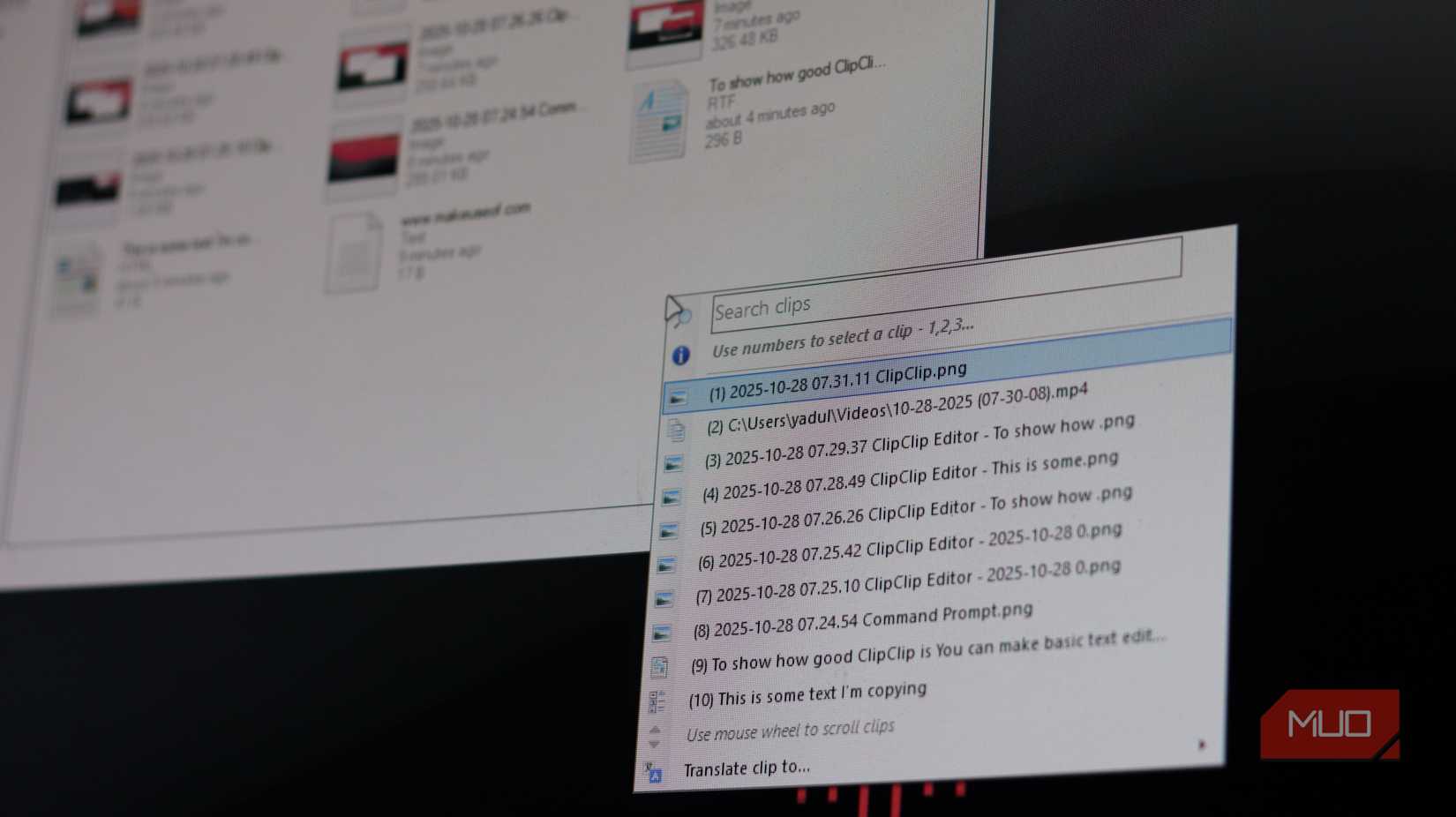 ClipClip paste menu open in Windows 11.