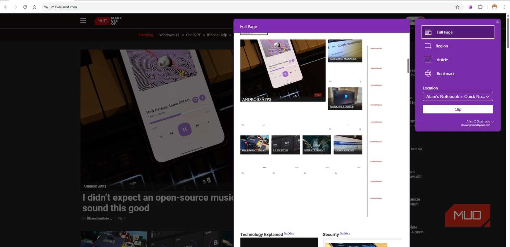 Clipping pages with the OneNote Web Clipper extension