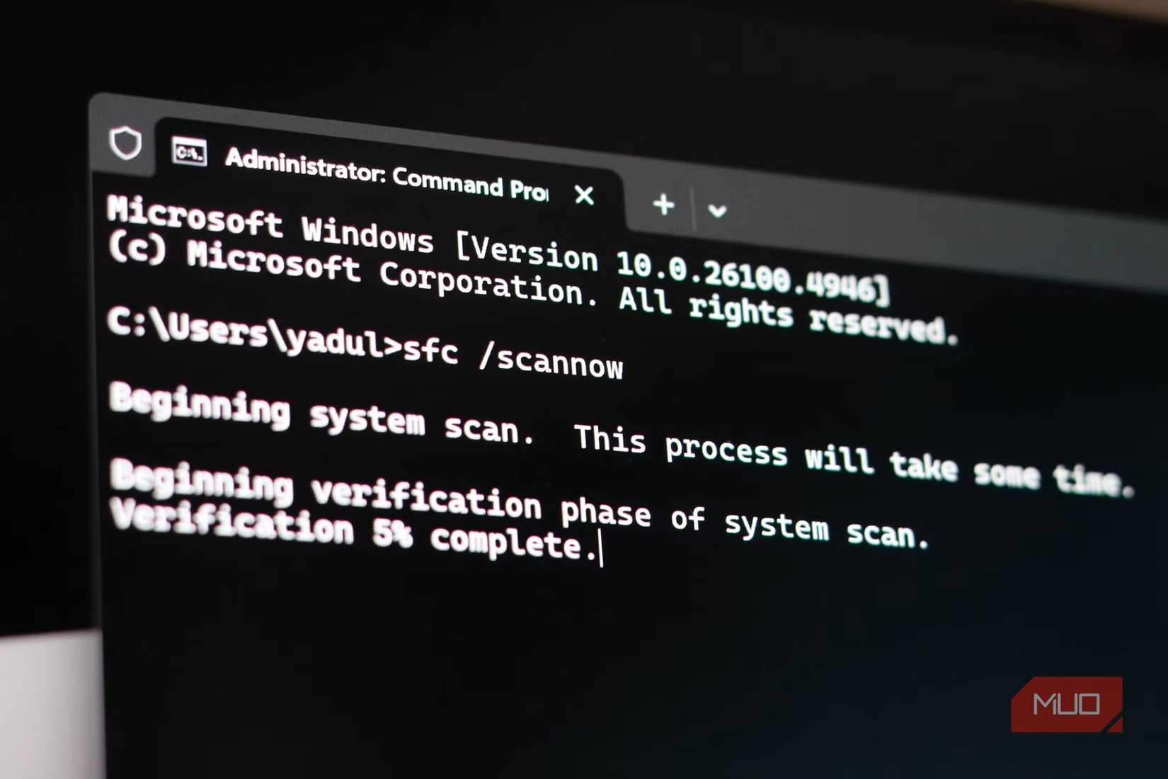 Close up of Windows terminal showing SFC command