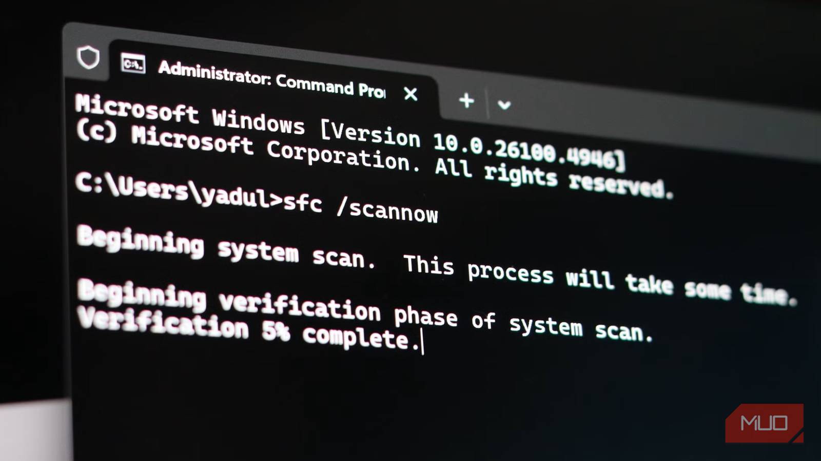 Close up of Windows terminal showing SFC command