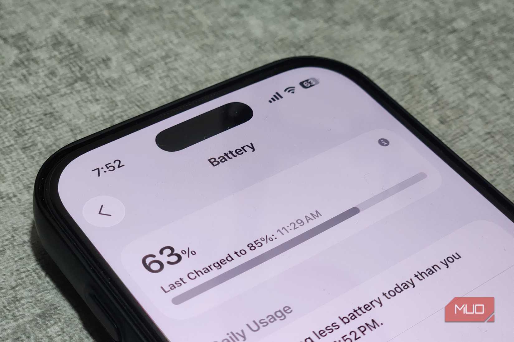 Closeup of iPhone showing battery menu