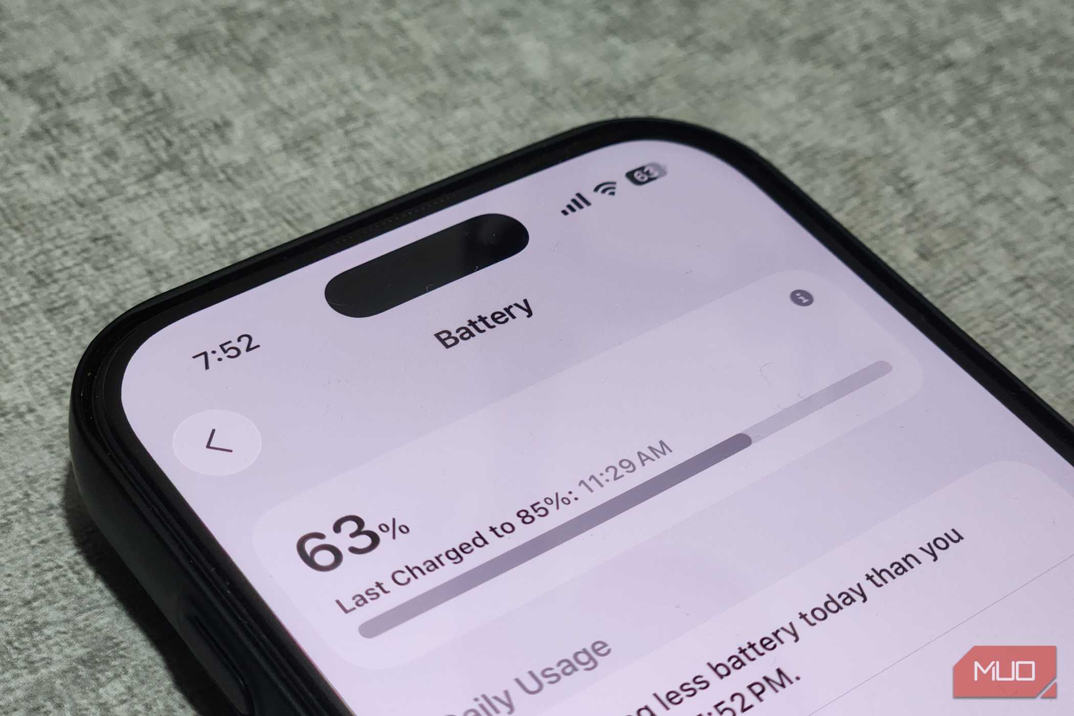 Closeup of iPhone showing battery menu