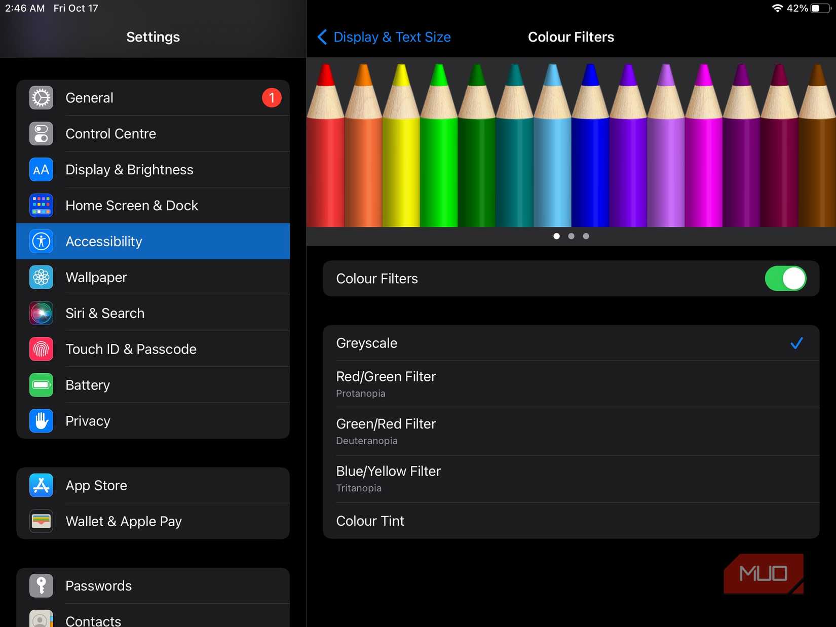 Colour Filters section in the iPadOS Accessibility section