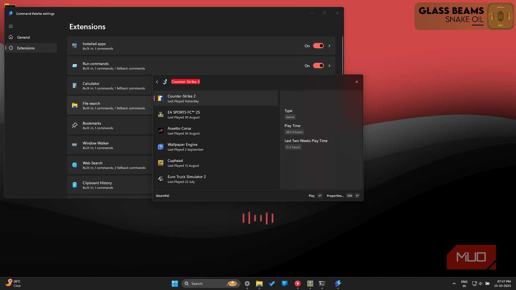 Command Palette with SteamPal extension and extensions menu in the background.