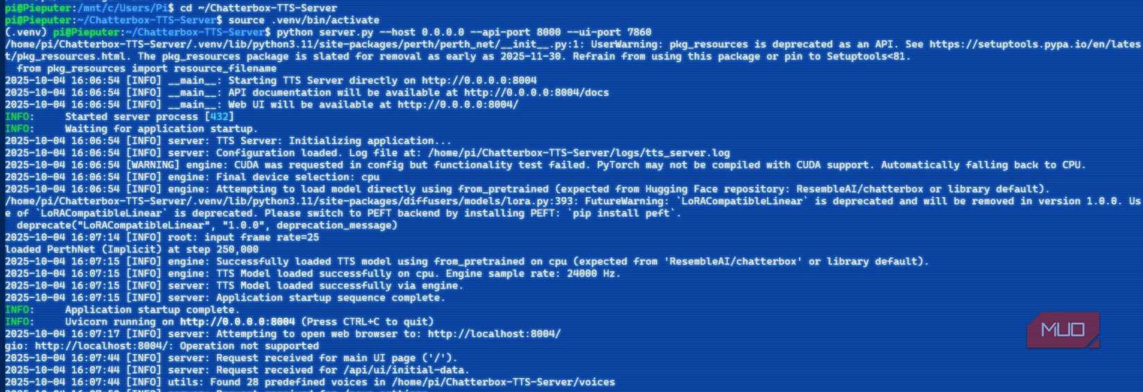 Console logs of Chatterbox voice cloning running in WSL