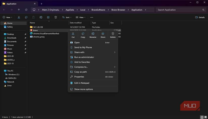 Context menu for the Brave browser