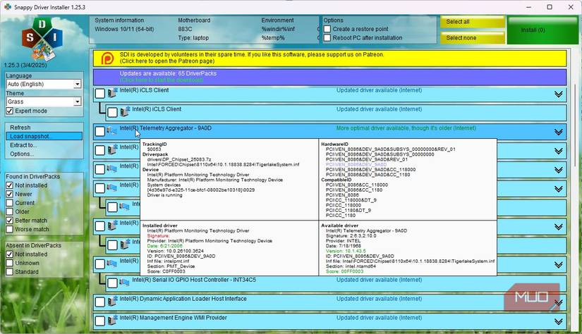 Context menu with driver details for selected driver